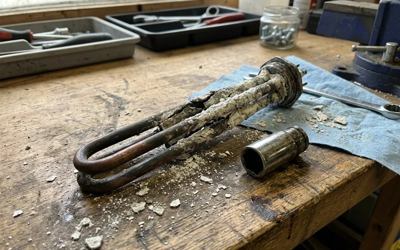 Burnt-out hot water heating element removed from a tank