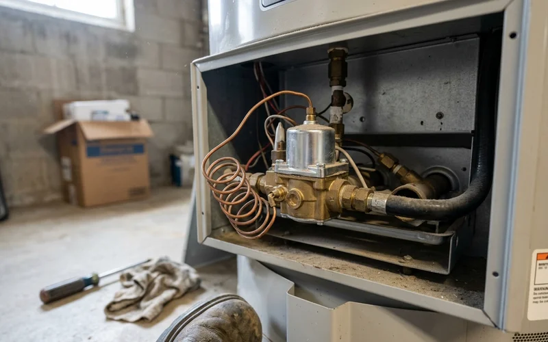 Close-up of a gas hot water control valve and thermocouple
