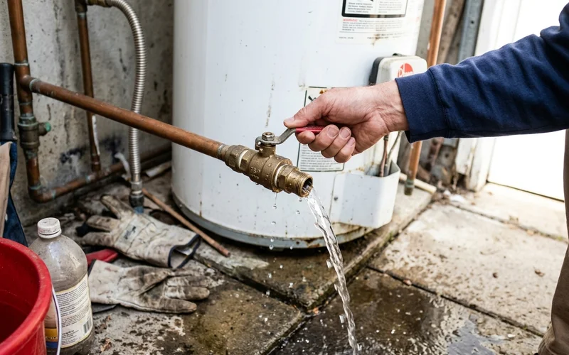 Close-up of a hand testing the pressure relief valve lever on a hot water unit
