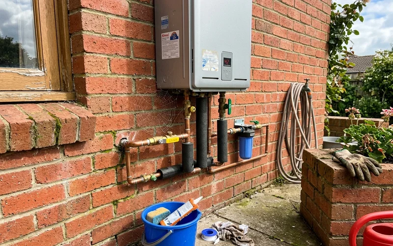 Compact continuous flow gas unit mounted on an exterior wall