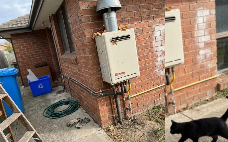 Continuous flow gas hot water unit mounted on an exterior wall