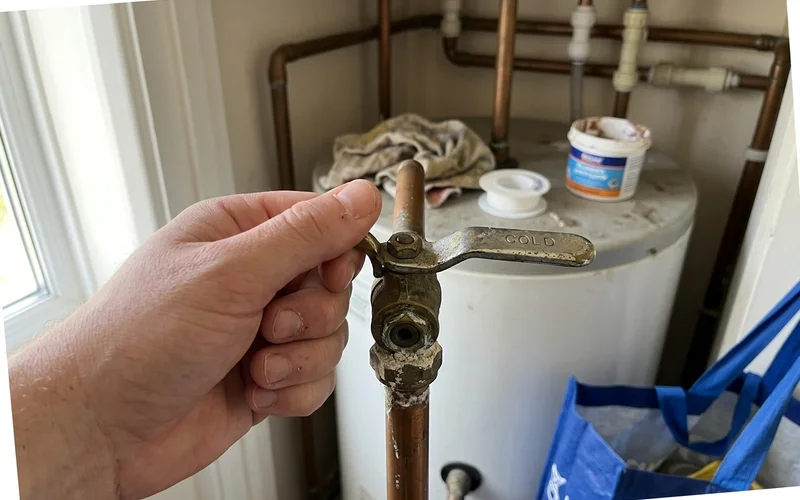Hand turning off the cold water isolation valve above a hot water unit