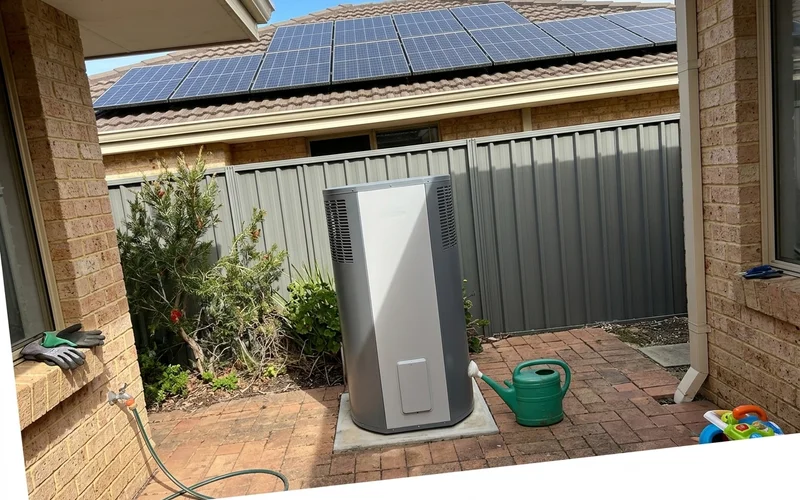 Heat pump hot water unit outside a home with solar panels on the roof