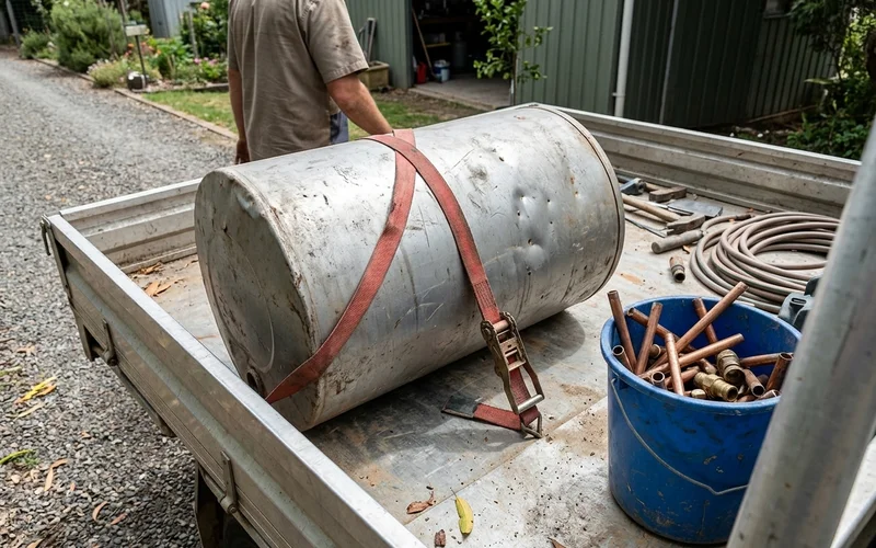 Old hot water cylinder loaded for recycling