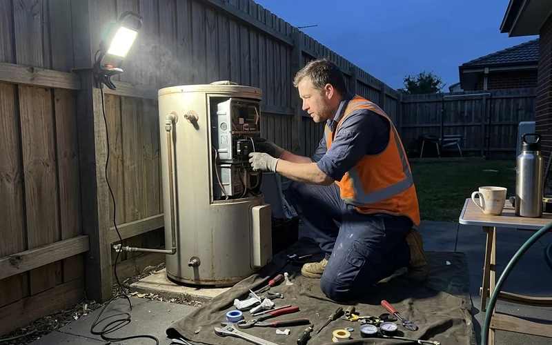 Plumber working on a hot water system in the evening with a work light