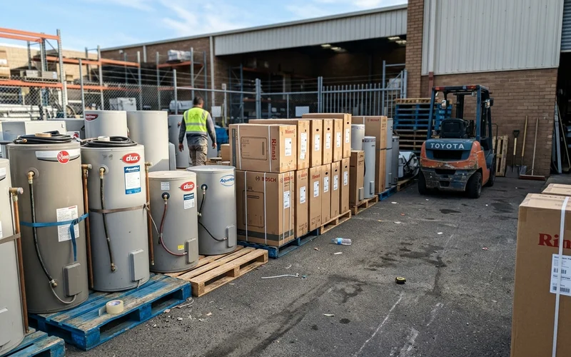 Different hot water system types lined up in a supplier yard