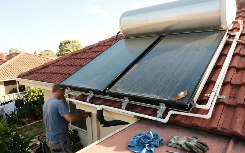 Solar hot water tank on a roof against a clear Perth sky