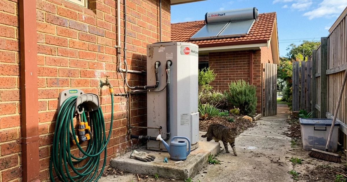 A heat pump unit at ground level beside a rooftop solar system, comparing pool heating options