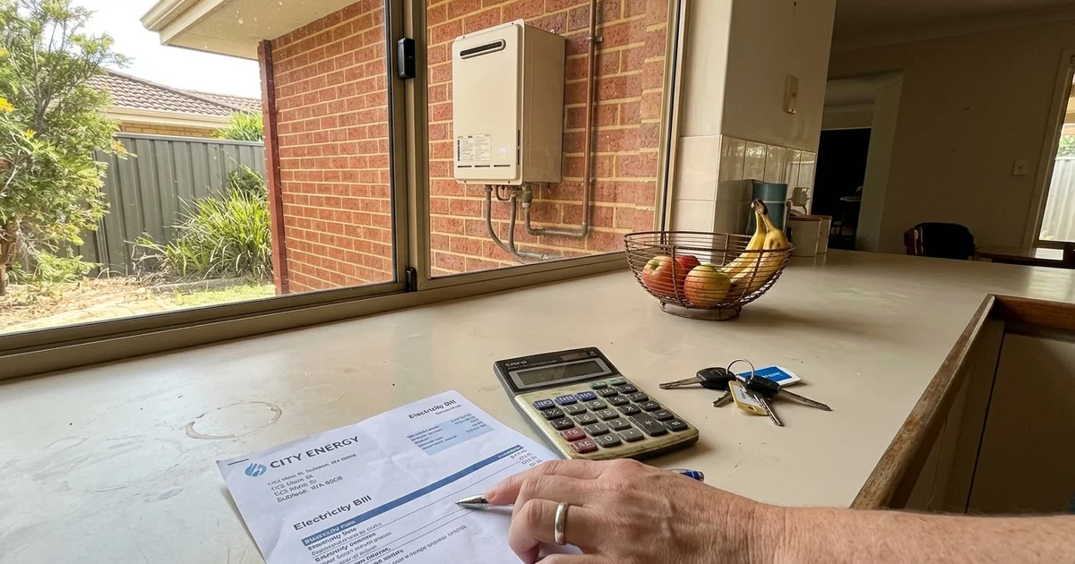 Energy bill on a Perth kitchen bench with a hot water unit visible outside