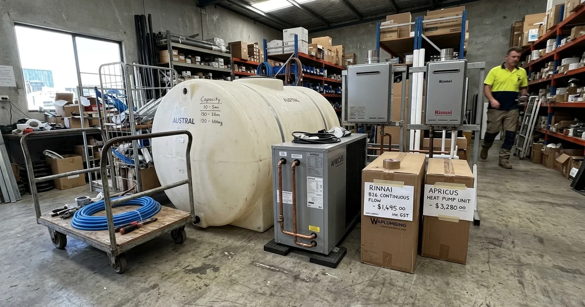 Hot water systems of different types displayed together