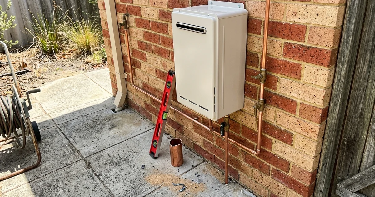 Newly installed hot water unit on the exterior wall of a Perth home
