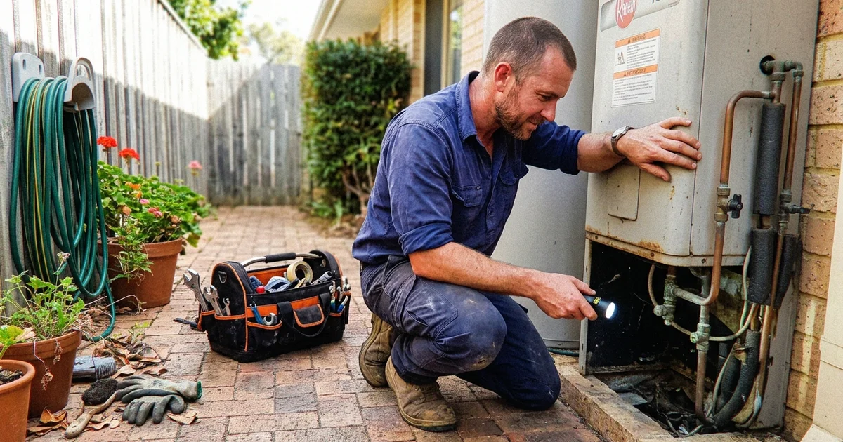 Plumber inspecting a hot water unit with a torch while assessing a repair