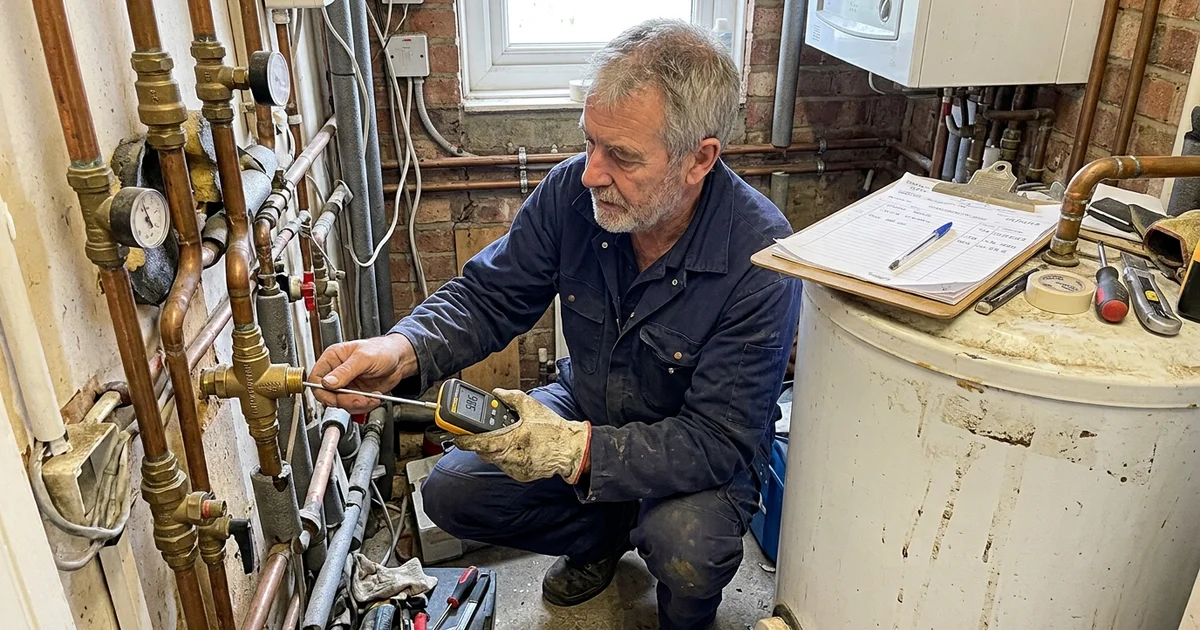 Plumber testing a tempering valve on hot water pipework