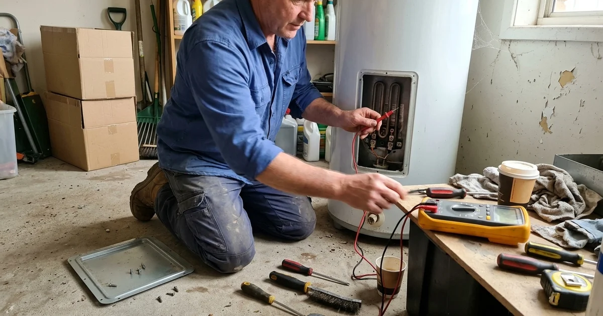 Plumber testing an electric hot water element with a multimeter
