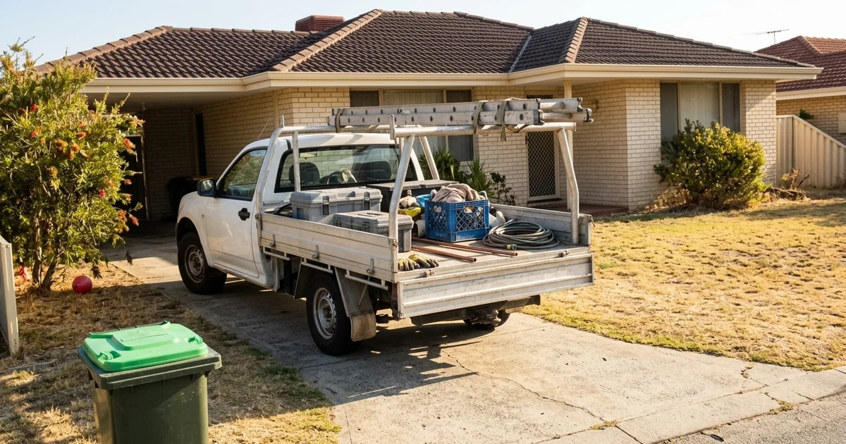 Plumber's work ute arriving at a Perth suburban home