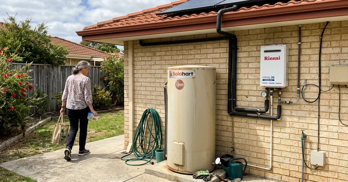 Solar hot water tank with a gas booster unit beside a Perth home