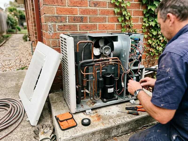 Heat pump compressor and fan housing with cover removed