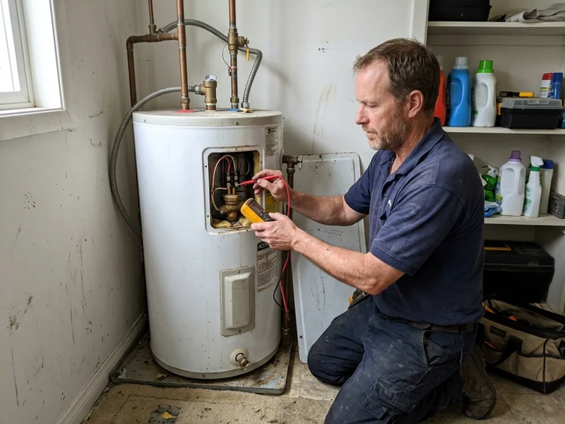 Plumber testing a hot water heating element with a multimeter