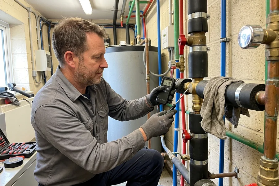 Plumber testing a thermostatic mixing valve on commercial hot water pipework with a digital thermometer