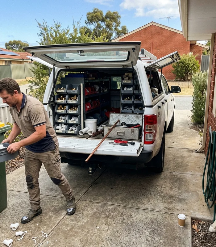 Work ute stocked with hot water parts in a Perth driveway